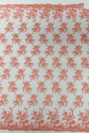 Floral Cluster Corded Fabric - Coral - Fancy Flower Embroidery Lace Mesh Fabric By Yard