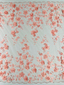 Floral 3D Pearl Fabric - Coral Pink - Embroidered Double Border Flower Design Pearl Fabric By Yard