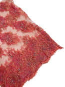 Beaded Rhinestone Fabric - Coral - Floral Rhinestone Beaded Design with Fancy Border Sold By Yard