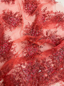 Floral Beaded Gaviota Fabric - Coral - Beaded Floral Design Embroidered On Mesh Sold By Yard