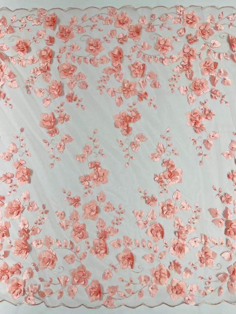 Floral 3D Pearl Fabric - Coral Pink - Embroidered Double Border Flower Design Pearl Fabric By Yard