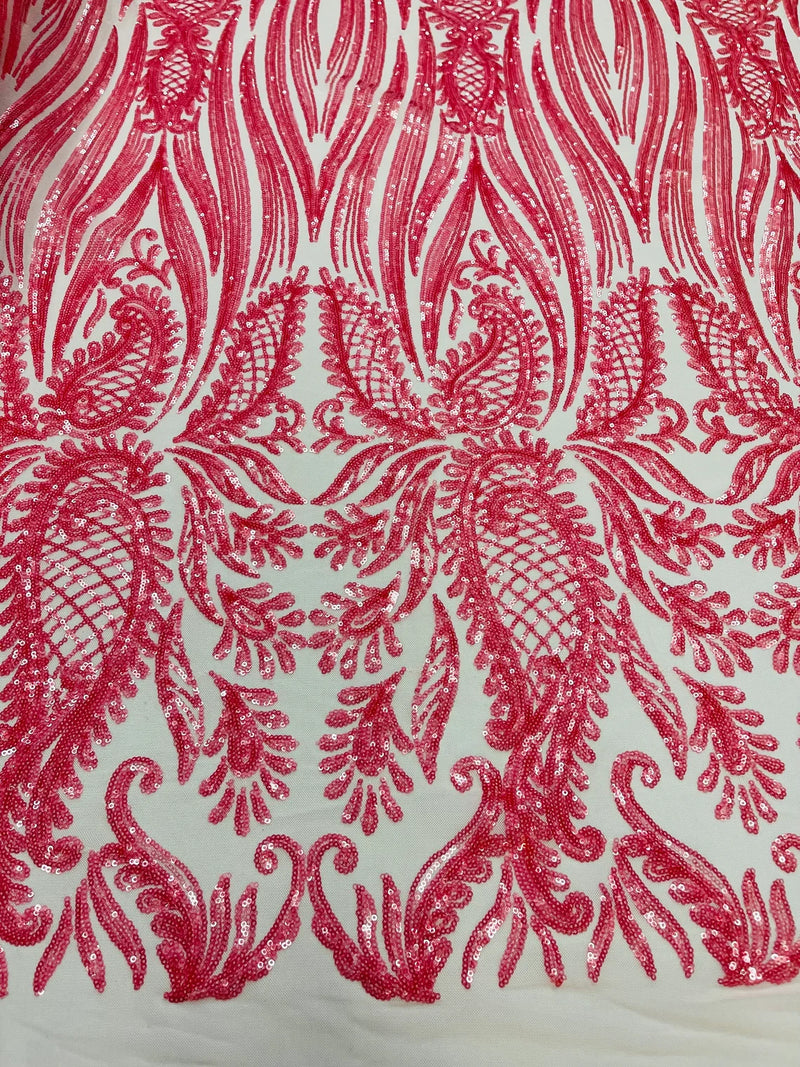 Paisley Lines Sequin Fabric - Coral Pink - 4 Way Stretch Fancy Fabric By The Yard