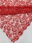 Floral Sequins Corded Fabric - Coral - Lace Sequins Fabric in Floral Pattern Sold By Yard