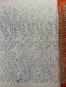 Beaded Iridescent Leaf Design - Clear on Coral - Leaf Sequins Bead Design Mesh Fabric by yard