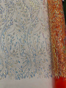 Beaded Iridescent Leaf Design - Clear on Coral - Leaf Sequins Bead Design Mesh Fabric by yard