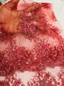 Floral Beaded Gaviota Fabric - Coral - Beaded Floral Design Embroidered On Mesh Sold By Yard