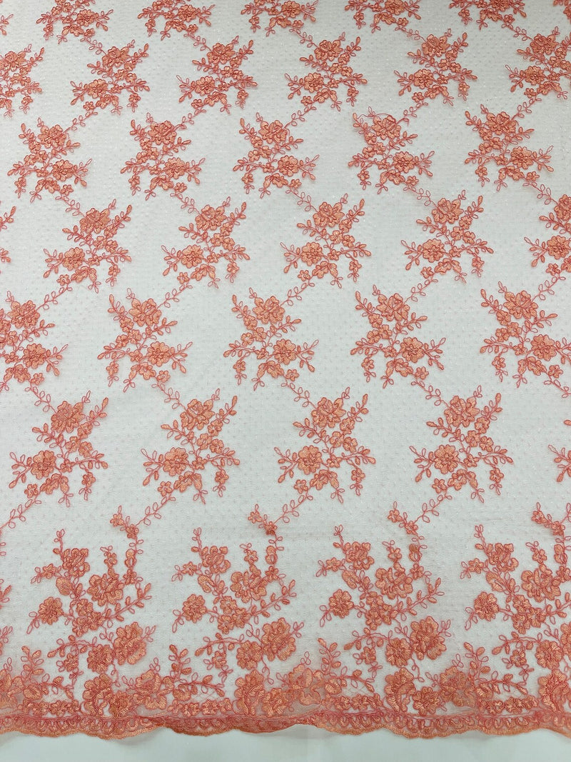 Floral Cluster Corded Fabric - Coral - Fancy Flower Embroidery Lace Mesh Fabric By Yard