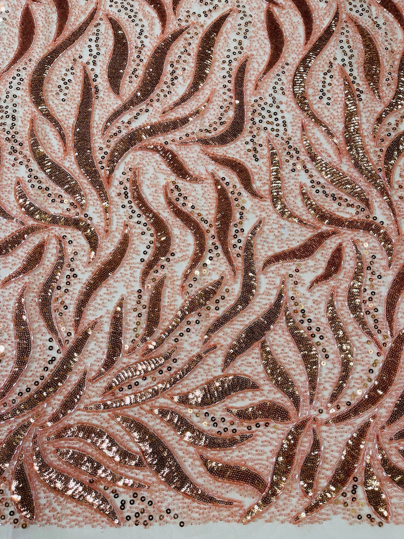 Fire Flame Bead Fabric - Coral - Sequins and Beads in Fire Flame Design on Mesh by Yard