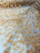 Champagne Beaded Fabric 3D Floral Butterfly Fabric by the Yard, Luxury Butterfly