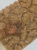 Champagne Beaded Fabric by yard, Bridal beaded, Damask Pattern Beads and Sequins
