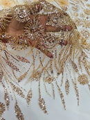 Champagne Beaded Fabric 3D Floral Butterfly Fabric by the Yard, Luxury Butterfly