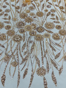 Champagne Beaded Fabric 3D Floral Butterfly Fabric by the Yard, Luxury Butterfly