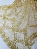Champagne Beaded Geometric Pattern Beaded Fabric by the yard,Embroidery Beaded Lace Fabric