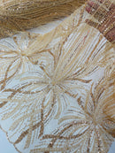 Champagne Embroidery Beaded Fabric by Yard, Sequin on a Mesh with Floral Lace