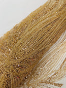 Champagne Embroidery Beaded Fabric by Yard, Sequin on a Mesh with Floral Lace