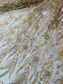 Champagne Floral Design Beads & Sequins, Lace Beaded Floral & Leaf Embroidered Lace
