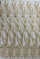 Champagne Floral Design Beads & Sequins, Lace Beaded Floral & Leaf Embroidered Lace