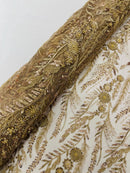 Champagne Floral Design Beads & Sequins, Lace Beaded Floral & Leaf Embroidered Lace