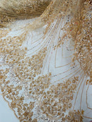 Champagne Luxury Beaded Fabric By The Yard, Luxury Geometric Design Beads and Sequins Mesh