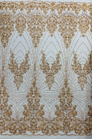Champagne Luxury Beaded Fabric By The Yard, Luxury Geometric Design Beads and Sequins Mesh