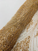Champagne Luxury Beaded Fabric By The Yard, Luxury Geometric Design Beads and Sequins Mesh