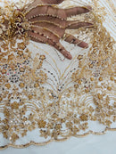 Champagne Luxury Beaded Fabric By The Yard, Luxury Geometric Design Beads and Sequins Mesh