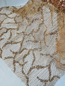 Champagne Beaded Fabric by yard, Bridal beaded, Damask Pattern Beads and Sequins