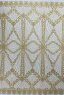 Champagne Beaded Geometric Pattern Beaded Fabric by the yard,Embroidery Beaded Lace Fabric