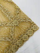 Champagne Beaded Geometric Pattern Beaded Fabric by the yard,Embroidery Beaded Lace Fabric