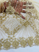 Champagne Beaded Geometric Pattern Beaded Fabric by the yard,Embroidery Beaded Lace Fabric