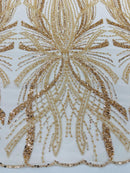 Champagne Embroidery Beaded Fabric by Yard, Sequin on a Mesh with Floral Lace