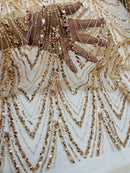 Champagne Luxury Beaded Pattern Fabric by the yard, Embroidery Beaded Lace Fabric