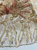 Champagne Floral Design Beads & Sequins, Lace Beaded Floral & Leaf Embroidered Lace