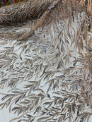 Coffee Beaded Fabric by the yard, Bridal beaded, Damask Pattern With Beads and Sequin