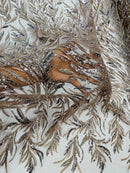 Coffee Beaded Fabric by the yard, Bridal beaded, Damask Pattern With Beads and Sequin