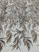 Coffee Beaded Fabric by the yard, Bridal beaded, Damask Pattern With Beads and Sequin