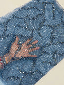 Coppen Blue Beaded Fabric by yard, Bridal beaded, Damask Pattern Beads and Sequins