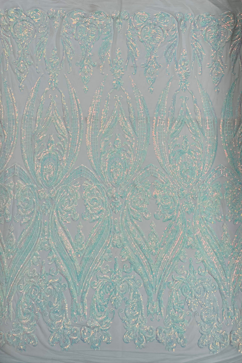 Iridescent Sequins Fabric - Big Damask Sequin Design on 4 Way Stretch Fabric By Yard