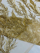 Gold Beaded Fabric by the yard, Bridal beaded, Damask Pattern With Beads and Sequin
