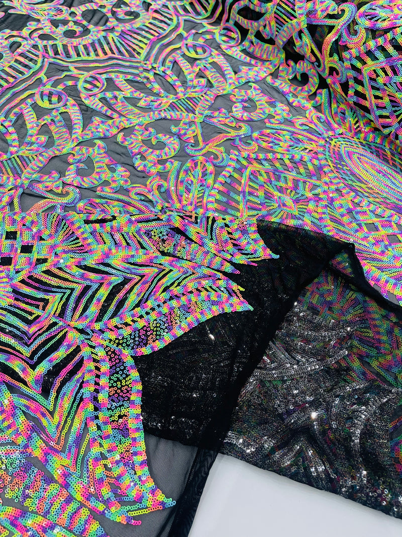 Multi Color Royalty Design Sequins Fabric on Black Mesh 4 Way Stretch Sequins Fabric By Yard