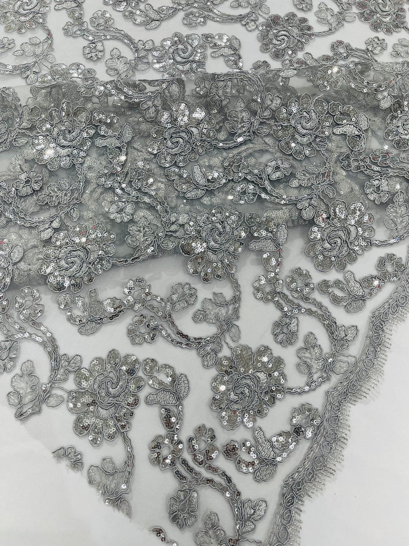 Corded Lace Flower Fabric - Silver - Floral Design Embroidered Sequins on Mesh Lace Fabric