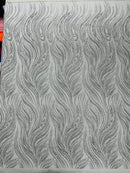 Silver Glitter Fabric - Wave Design Lace Mesh Fabric By Yard