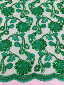 Corded Lace Flower Fabric - Emerald Green - Floral Design Embroidered Sequins on Mesh Lace Fabric