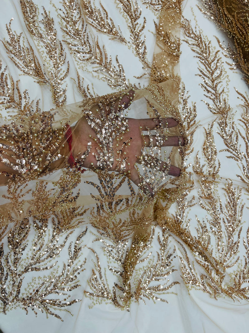 Skin Rose Gold Beaded Fabric by the yard, Bridal beaded, Damask Pattern With Beads and Sequin