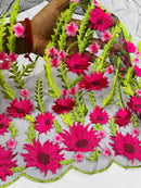 Fuchsia Sunflower Lace 3D Fabric - Black Mesh Sunflower Lace Design Sold By Yard