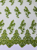 Olive Beaded Fabric - Floral Beads and Sequins Embroidered on a Mesh Sold By Yard