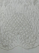 Beaded Embroidered Fabric - Crear White - Embroidered Heart and Feather Pattern Fabric By Yard