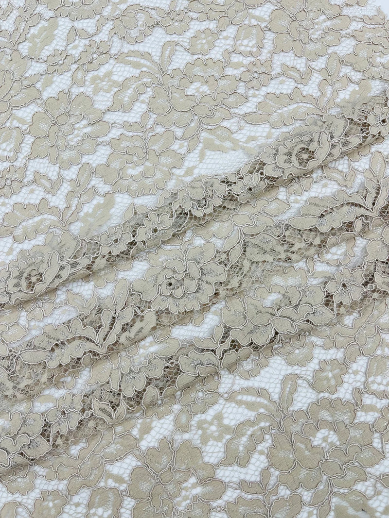 Corded Floral Plant Fabric - Dark Champagne - Floral Corded Lace Flower Fabric Sold By Yard