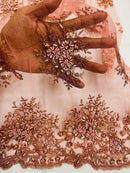 Floral Beaded Gaviota Fabric - Dark Coral - Beaded Floral Design Embroidered On Mesh Sold By Yard