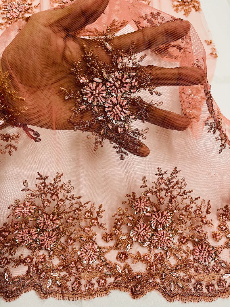 Floral Beaded Gaviota Fabric - Dark Coral - Beaded Floral Design Embroidered On Mesh Sold By Yard